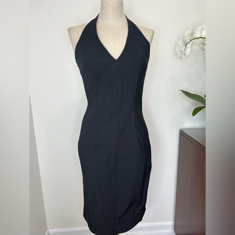 BEBE - Black White Pinstripe Halter V-Neck Midi Dress Size 6